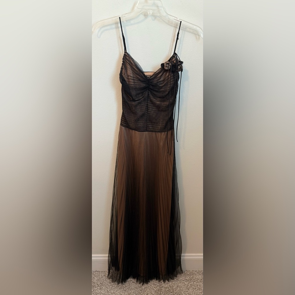 Vintage Rare Betsey Johnson Sheer Mesh Black and Tan Maxi Dress with Rosette